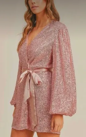 Mable Sequin Long Sleeve Wrap Dress Size Medium Pink thumbnail 1