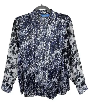 Simply Vera Vera Bradley Black Blue Sheer Blouse‎ Large thumbnail 1