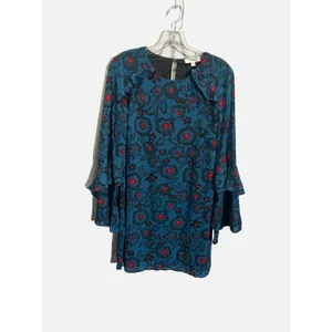 Hashttag in Trend Floral Shift Dress Womens S Teal Blue Ruffle‎ Bell Sleeve Mini thumbnail 3