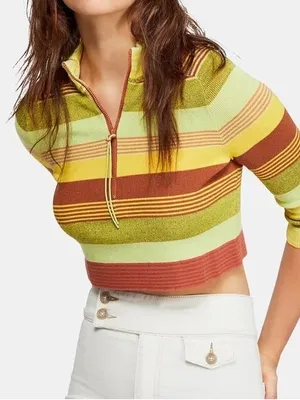 NWT Free People Rip Tide Zip Mockneck Top M Green Stripe Cropped Knit Sweater thumbnail 1