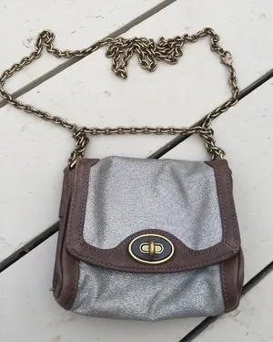 FOSSIL maddox Small Silver Leather Crossbody Chain Handle Purse‎ Bag thumbnail 1