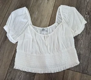 Hollister White Babydoll Smocked Blouse Crop Top thumbnail 1