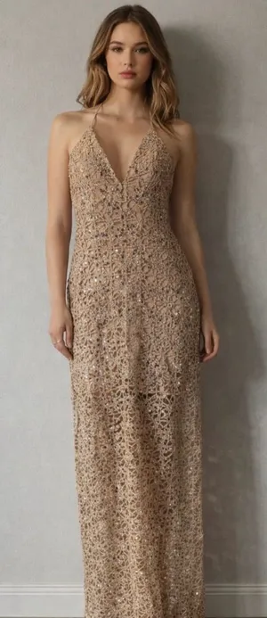 Forever 21 Stunning lace embroidered open back Gold dress with sequin sz medium NWOT thumbnail 1