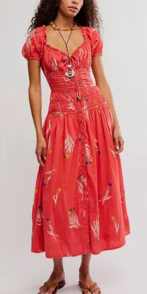 Free People Coral Red Floral Midi Dress NWT thumbnail 1