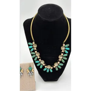 Turquoise Rhinestone Statement Necklace Earrings Set Bib Collar Boho Jewelry thumbnail 2
