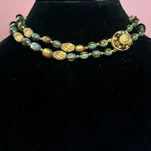 Vintage Doubled Green And Gold Bead Choker Necklace thumbnail 2