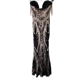 Faeriesty Sequin Mermaid Gown‎ Sz S Black Gold Strapless Evening Formal Prom thumbnail 4
