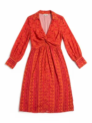 Farm Rio Midi Dress Womens Small Red Orange Long Sleeve V-Neck thumbnail 5