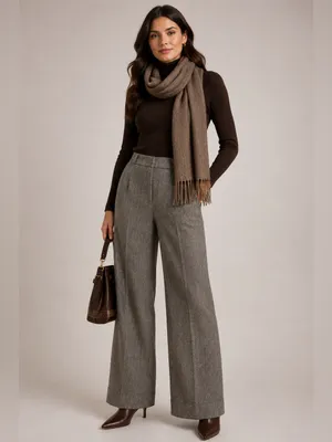 ZARA Black/ White Herringbone Wide Leg Pants Small Elastic Waist Dress Trousers thumbnail 3
