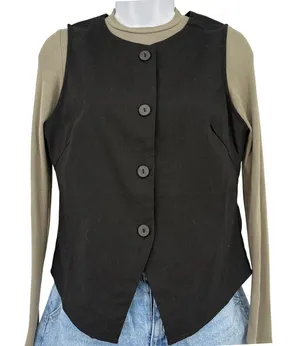 Commense Button Up‎ Vest Women Med Black Linen Blend Capsule Minimalist Office thumbnail 1