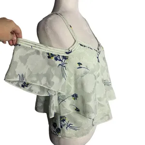 Lucky Brand Cold Shoulder Floral Blouse M Mint Green Flocked Ruffle Layers thumbnail 5