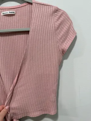 Reformation Jeans Pink Ribbed Tie Front Crop Top Size Small thumbnail 3