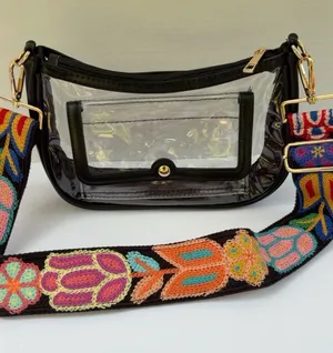 Clear Stadium Crossbody Bag Black Trim Multicolor Embroidered Strap Size OS thumbnail 1