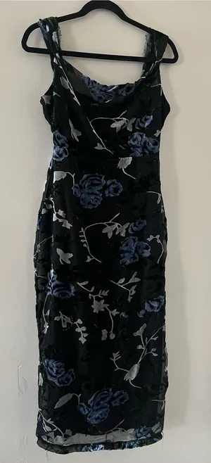 Lulus Black Blue Floral Velvet Burnout Midi Dress Small Romantic Wedding Guest thumbnail 1