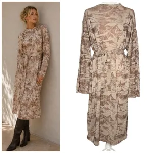 Zara Midi Dress Sz Large Long Mock Neck Party Career Belt Neutral Floral Stretch thumbnail 2