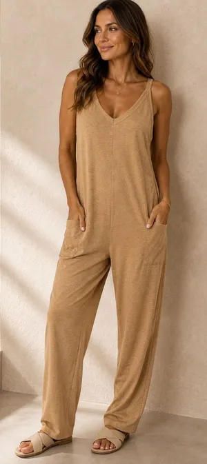 Bucket List Women Jumpsuit Large Tan Relaxed V-Neck Pocket Knit R5211 thumbnail 1