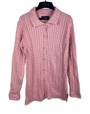 VTG Denim & Co Womens Small Pink Cable Knit Collared Button Up Cardigan Sweater thumbnail 1