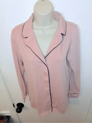 Soma Pink Knit Pajama Top Small Long Sleeve Button Up Black Piping thumbnail 5