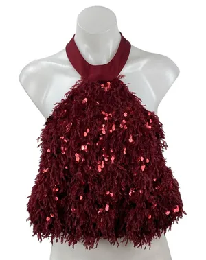 Zara Women's Red Sequin Fringe Halter Sleeveless Open Back Blouse Top Size S thumbnail 1
