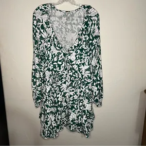 Free People‎ Rebecca Floral Green White Ruffle Tiered Long Sleeve Mini Dress thumbnail 3
