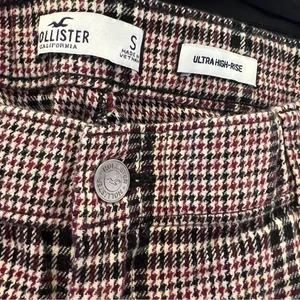 Hollister Women's Sz Small Ultra High-Rise Pant Plaid Houndstooth Beige Burgundy thumbnail 11