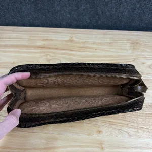 Vintage Hand Tooled Leather Floral Clutch Bag Dark Brown Whipstitch Western Boho thumbnail 5