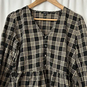 Madewell Black/Beige Checkered Long Sleeve Babydoll Shirt Top **Size S**🌸🌸 thumbnail 3