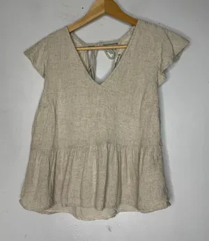 Abercrombie Fitch Linen Blend‎ V Neck Flutter Sleeve Top Tan XS thumbnail 1