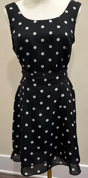 90s Scarlett Black White Polka Dot Fit Flare Dress Criss Cross Back Waist Tie‎ S thumbnail 1