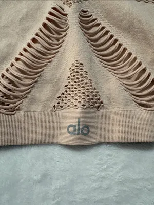 Alo yoga size large pink Cropped Open-Knit Long Sleeve Top in Light Blush thumbnail 9