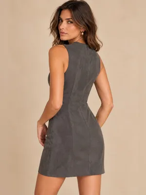 J. McLaughlin Charcoal Gray High Neck Sleeveless Faux Suede Sheath Shift Dress thumbnail 3