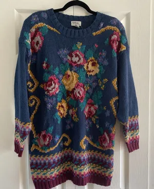 All Points Floral Knit Sweater Womens Size M Blue Vintage 90s Cotton Butter Mom thumbnail 1