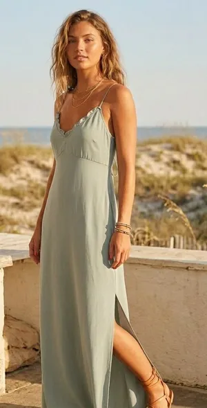 Abercrombie & Fitch Ruffle Slip Maxi Dress‎ Large Tall Sage Green Tie Back Slit thumbnail 1