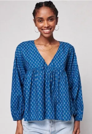 Faherty Lyla Top Gobi Floral Babydoll Peasant Long Sleeve Blouse Size Small thumbnail 1
