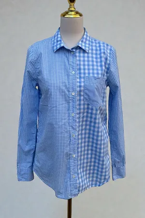 J.Crew Boy Shirt 8‎ Blue White Mixed Gingham Check Button Down Cotton Preppy thumbnail 1