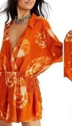 Free People Marla Printed Shortall Orange Tie Dye Romper Size Medium thumbnail 1