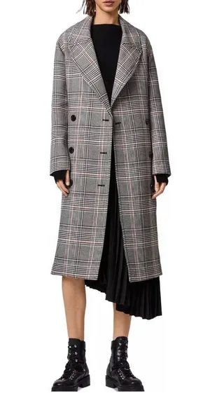 All Saints Tyla Check Plaid Wool Blend Belted Long Trench Coat thumbnail 1