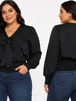 Plus-Size Black Tie-Neck Blouse with Smocked Waist thumbnail 2