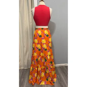 Lulus 100% Cotton‎ Maxi Skirt M Orange Floral Tiered High Waist Boho Summer thumbnail 14