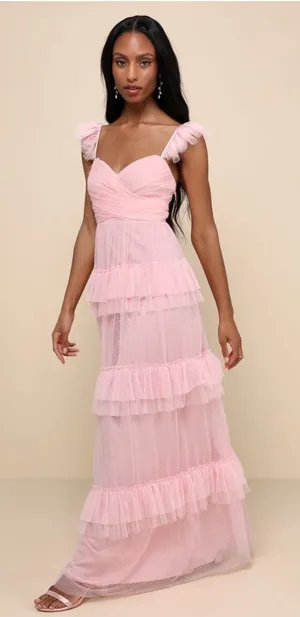 Lulus Pure Radiance Pink Mesh Swiss Dot Tiered Maxi Dress thumbnail 1