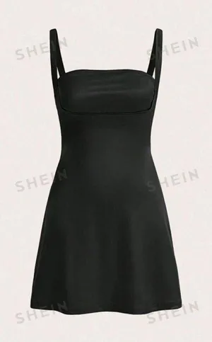 SheIn EZwear Solid Color Back Zipper Women's Chest Splicing Slip Satin Black Dress With Spaghetti Straps thumbnail 1