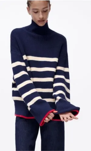 Zara Striped Mock Neck Sweater Womens Small Navy Blue Red Trim‎ Nautical Ribbed thumbnail 1