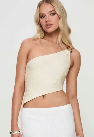 Princess Polly Womens One Shoulder Floral Jacquard Asymmetrical Crop Top Cream 4 thumbnail 1