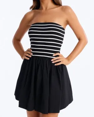 Miou Muse Striped Strapless Ribbed Mini Dress Black White Small thumbnail 1