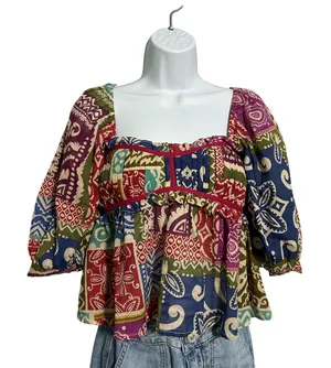Dress Forum Los Angeles NWOT Multicolor Patchwork Square‎ Neck Puff Sleeve Top thumbnail 1