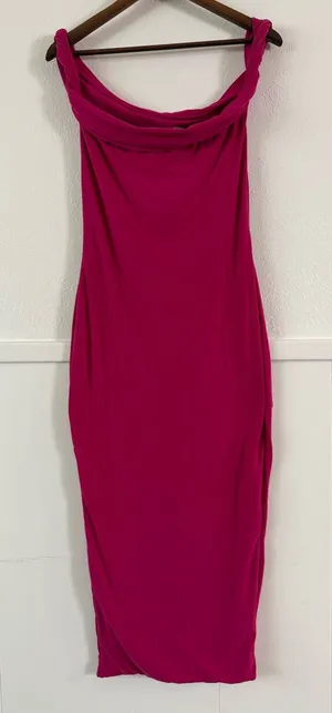 Club L London Dress US 8 Hot Pink Cowl Neck Twist Strap Bodycon Midi Stretch thumbnail 1