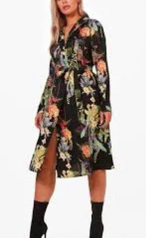 Miss Avenue Black Floral Long Sleeve Midi Shirt Dress Size M thumbnail 1