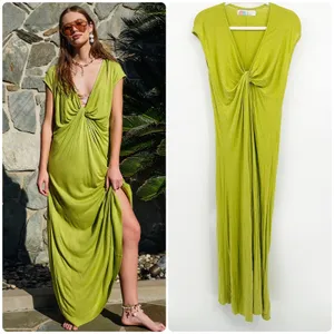 Free People FP Beach Linen Blend‎ Marina Lime Green Twist Front Maxi Dress XS thumbnail 2
