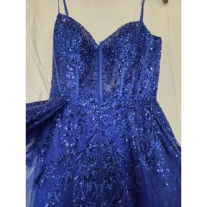Clarisse Royal Blue Sequin Spaghetti Strap Sweetheart Long Formal Dress Size 6 thumbnail 4