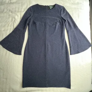 Lauren‎ Ralph Lauren Dress Womens 8 Navy Blue Bell Sleeve Metallic Sheath Party thumbnail 1
